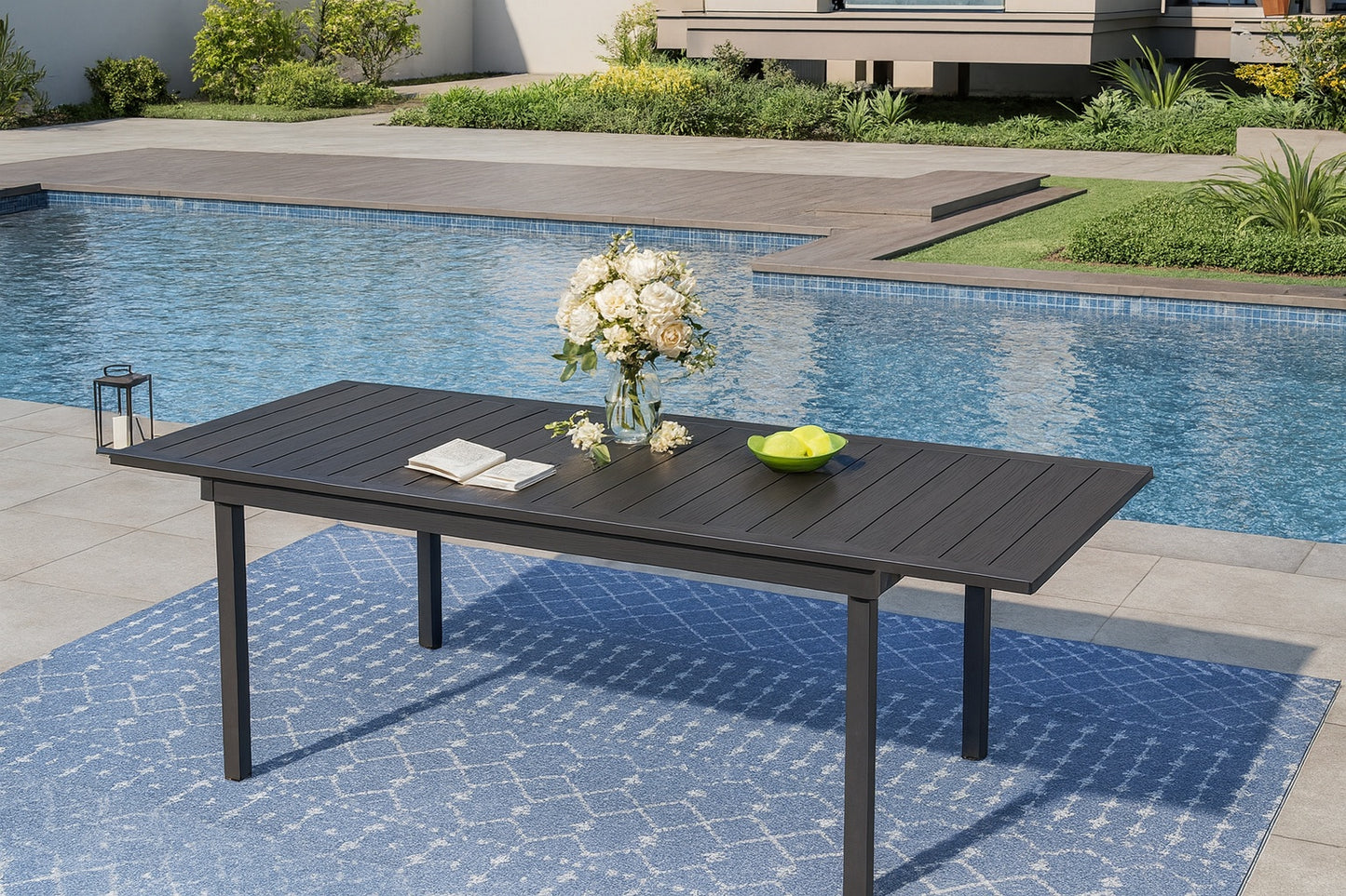 PHI VILLA Black Rectangle Metal Patio Outdoor Dining Table with Extension