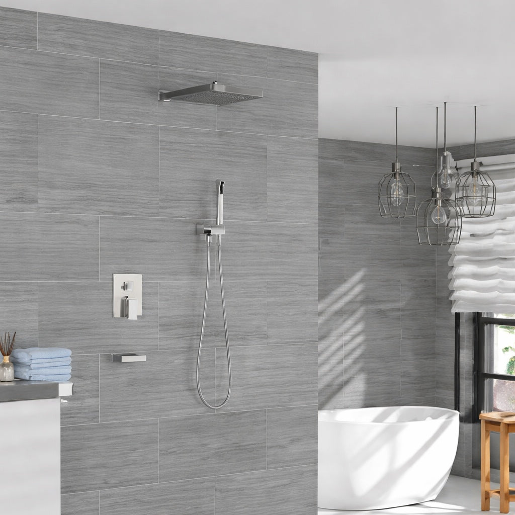 LORDEAR Single Handle 3 Spray Tub and Shower Faucet 1 8 GPM in Brushed Nickel 12 in Rain Shower Head and Valve Included