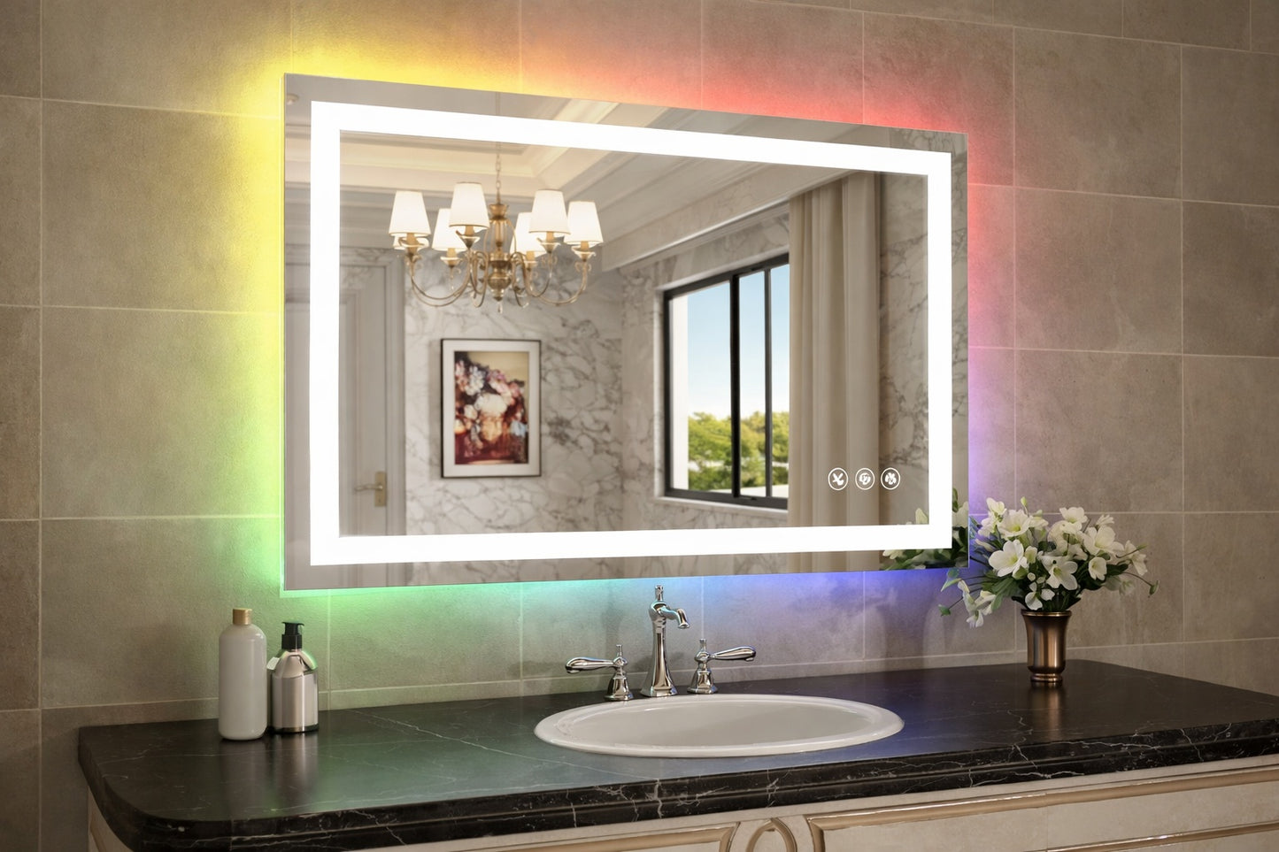 KIOTEE 40 in. W x 32 in. H Rectangular Frameless LED Front Lit, RGB Backlit Anti-Fog Tempered Glass Wall Bathroom Vanity Mirror