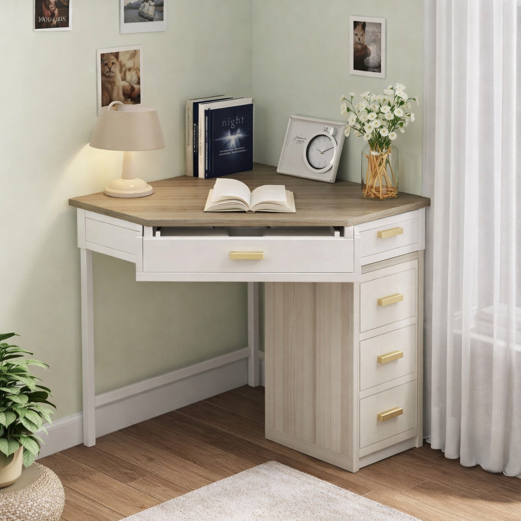 BYBLIGHT Moroni 27 26 in Oak and White Wood Triangle Computer Desk Corner Computer Desk with 4 Drawer for Small Space