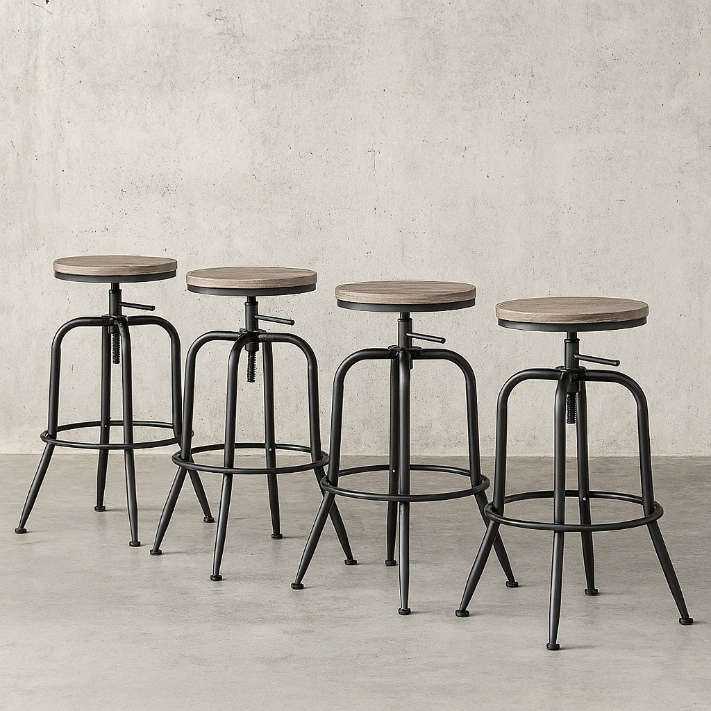 30 3 in Adjustable Height Walnut Backless Metal Frame Swivel Industrial Bar Stool with Wood Seat Set of 4 ANACLETUS WALNUT 4