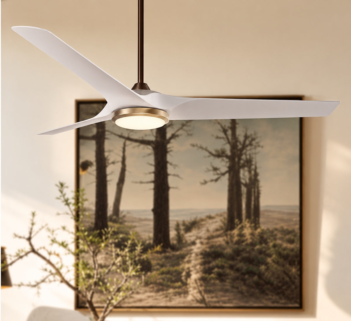 Hampton Bay Sansra 60 in Indoor Outdoor Brass Standard Ceiling Fan with with CCT Integrated LED Module with Remote and White Blades
