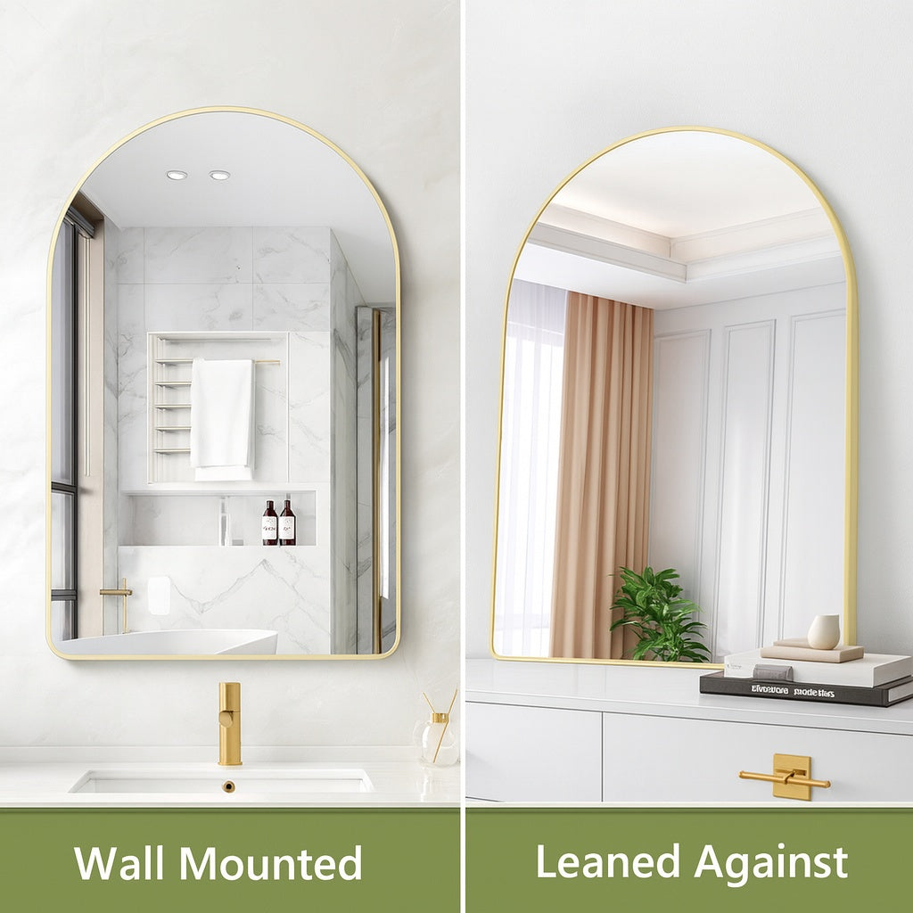 WELLFOR Bella 24 in. W x 36 in H Arch Anodized Aluminum Framed Bathroom Vanity Mirror in Brushed Gold