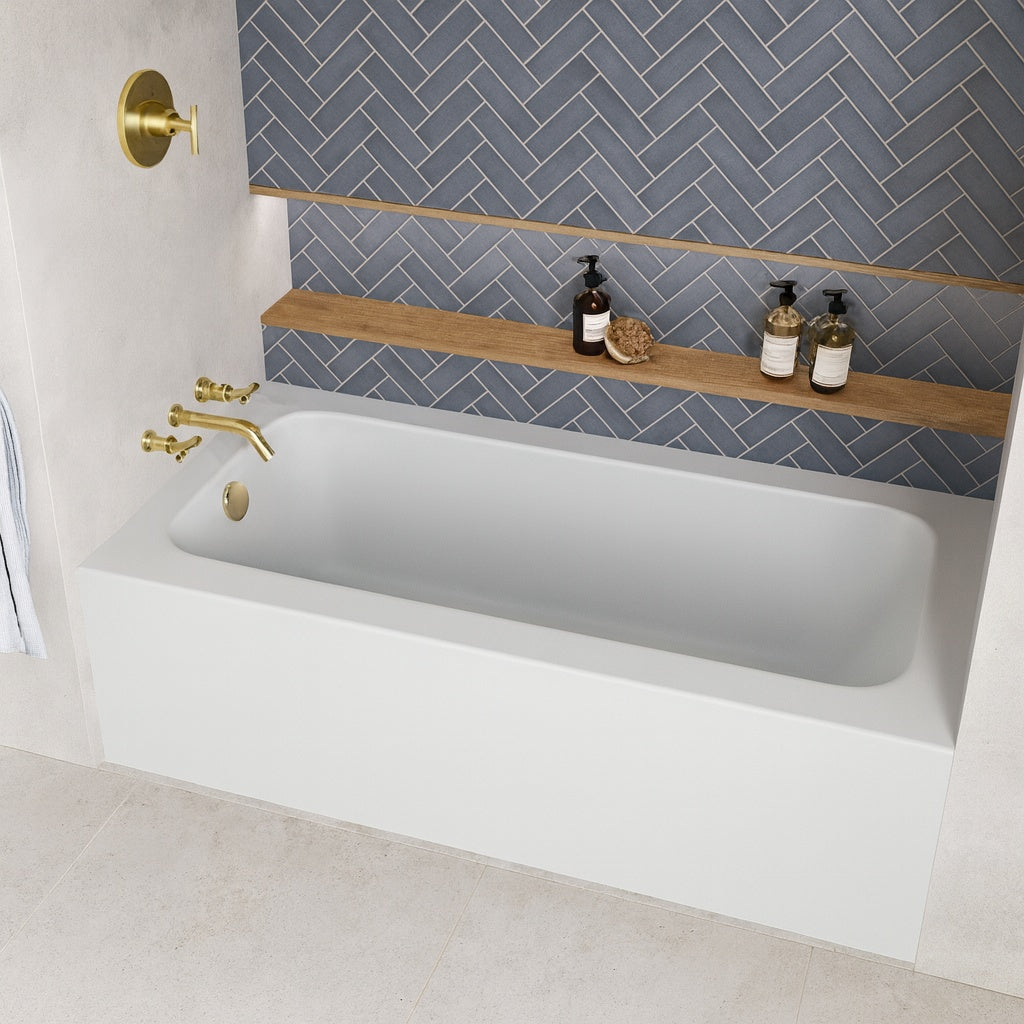 Streamline 60 in x 30 in Soaking Acrylic Alcove Bathtub with Left Drain in Glossy White External Drain in Polished Brass