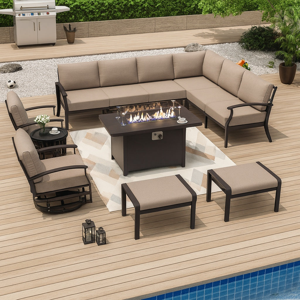 Halmuz 10-Seat Aluminum Patio Conversation Set with Fire Pit Table,Swivel Rocking Chairs,Coffee Table,Ottoman and Cushion Sand