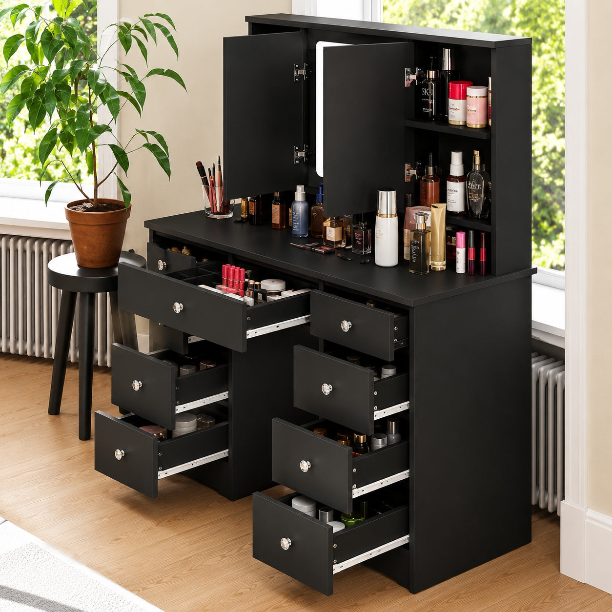 FUFU GAGA Black Modern Makeup Vanity Desk 9 Drawers Wood Dressing Table with 3 Mirrors Hidden Storage Shelves LED Lighted Lights