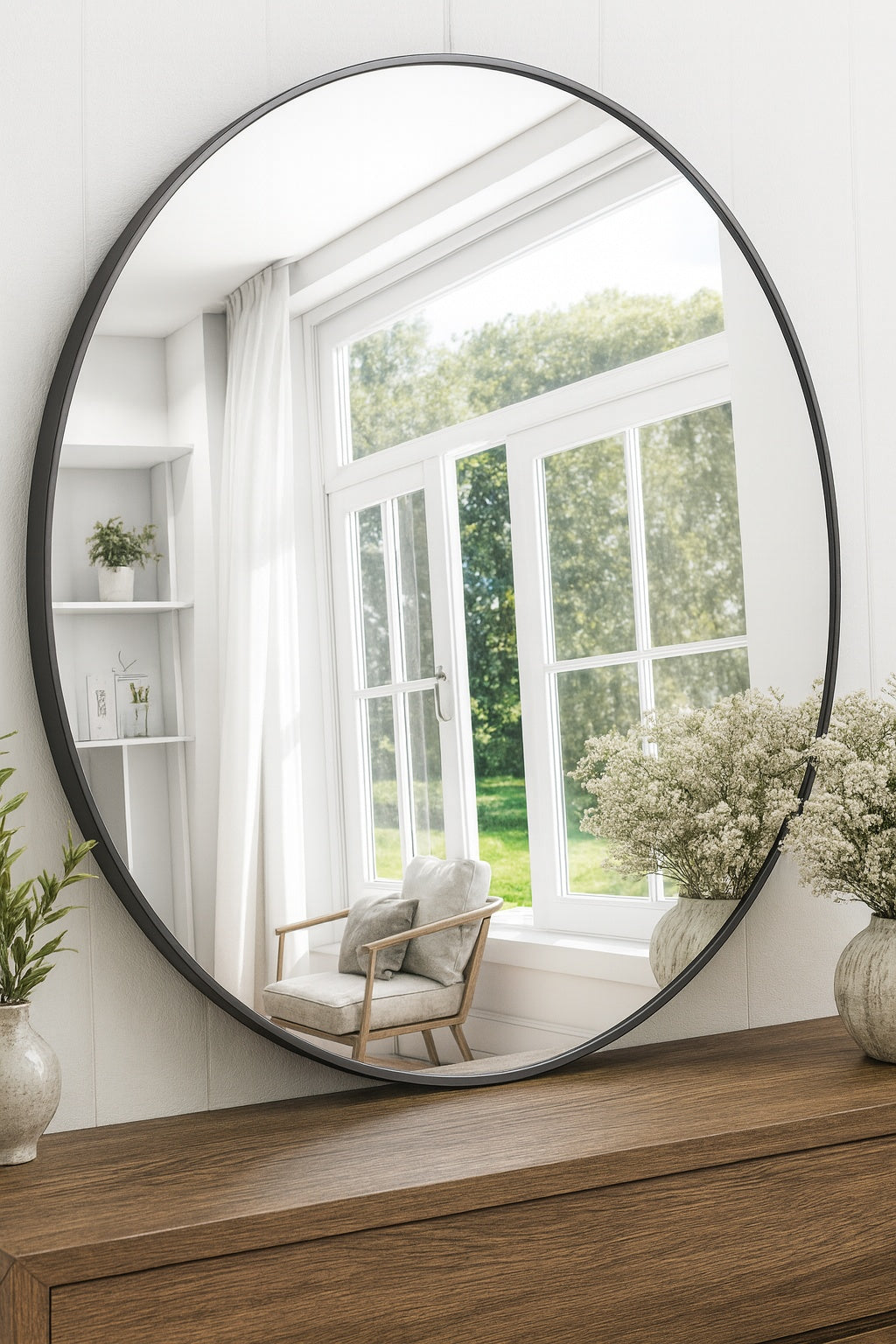 Unbranded 42 in. Wall Round Mirror, Large Wall Mounted Circle Mirror Black Metal Frame for Bathroom, Entry, Dining Room