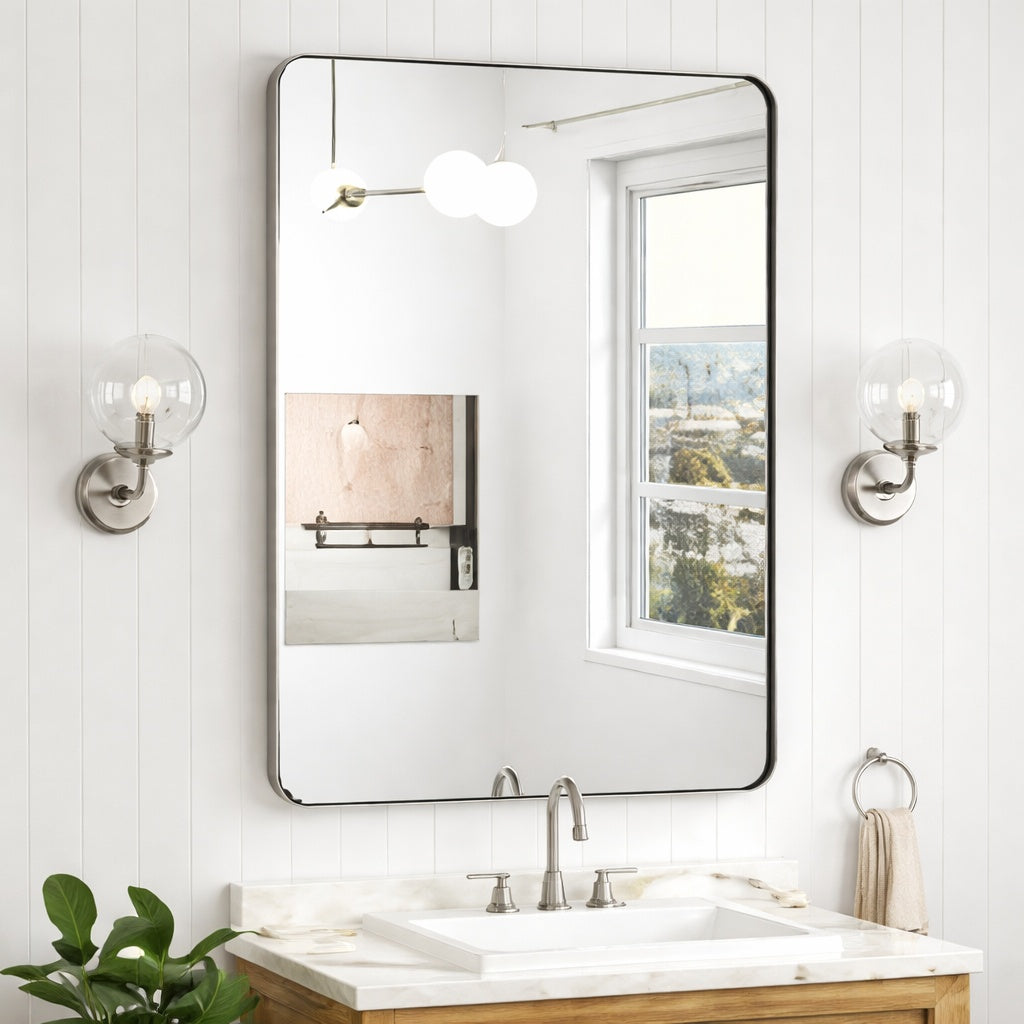 KeonJinn 24 in W x 36 in H Modern Rectangular Silver Gray Aluminum Framed Wall Bathroom Vanity Mirror