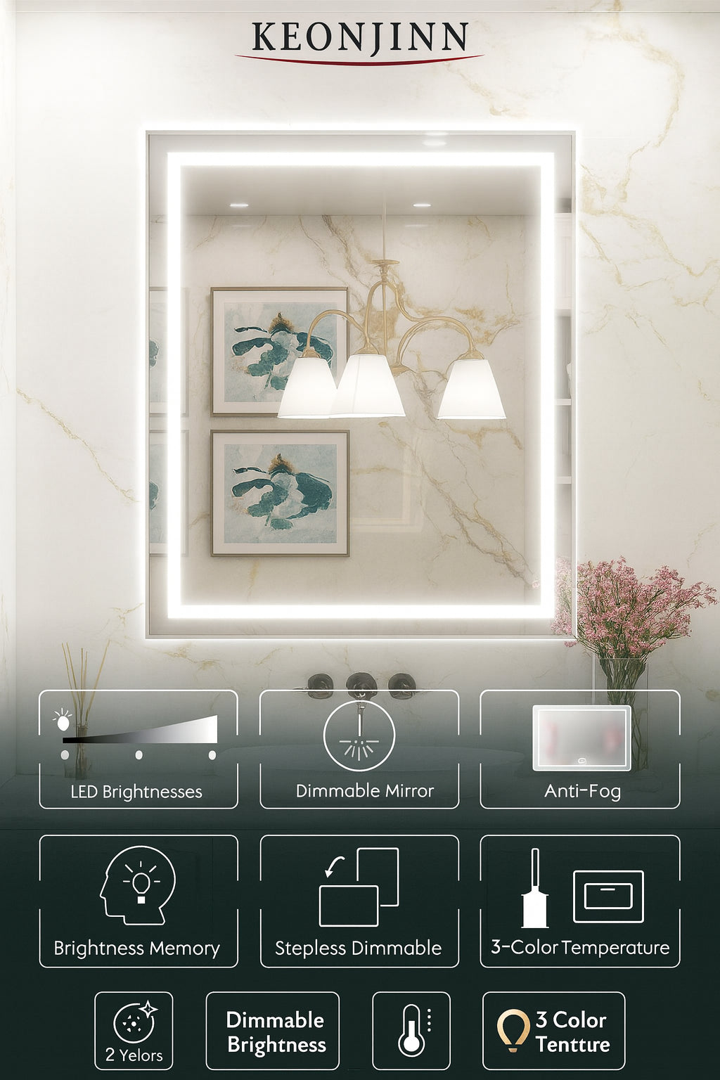 KeonJinn 30 in. W x 36 in. H Rectangular Frameless LED Bathroom Mirror Anti-Fog Wall Mount Vanity Mirror w/ Frontlit and Backlit
