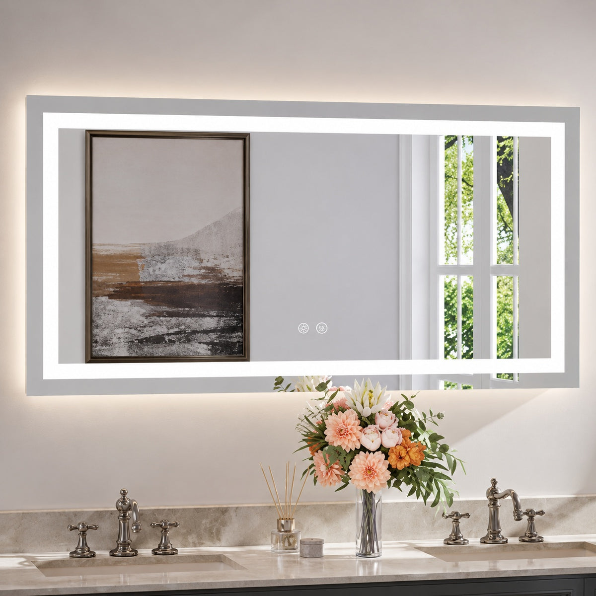 KeonJinn 48 in W x 24 in H Rectangular Frameless LED Lighted Bathroom Vanity Mirror with Light with Backlit and Anti Fog HD ZBG2 12161F