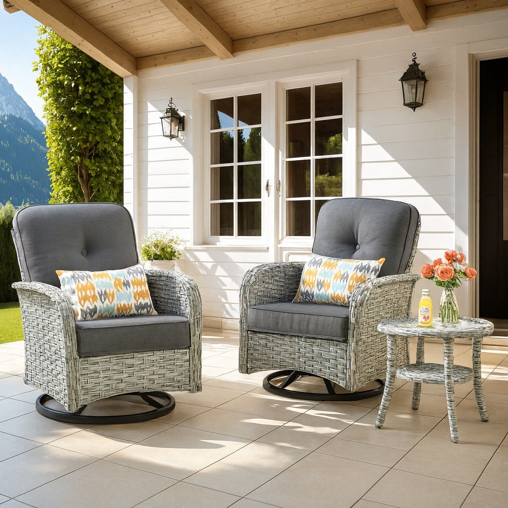 Toject Beverly Gray 3-Piece Wicker Outdoor Patio Conversation Swivel Rocking Chair Seating Set with Dark Gray Cushions