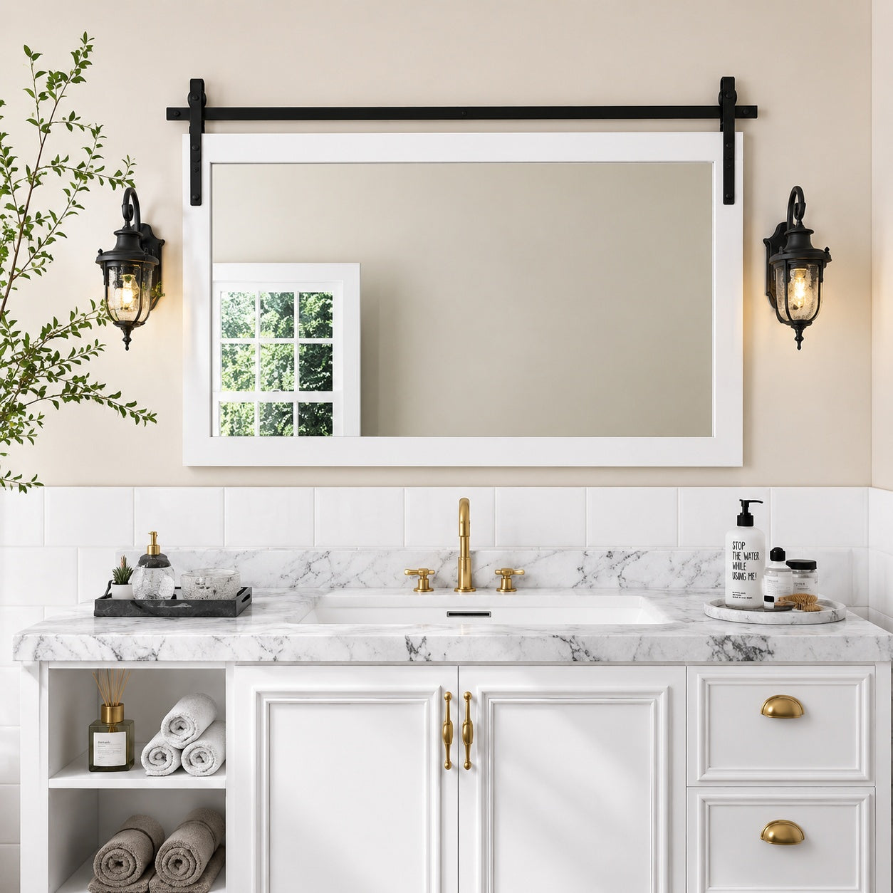 HOMEIBRO Farmhouse 40 in W x 26 in H Rectangle Framed Wall Bathroom Vanity Mirror Accent Mirror in White