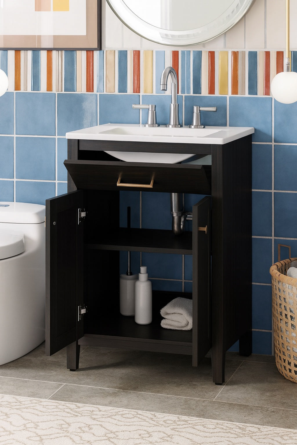 Virubi Space-Saving 24 in. W Single Sink Black Bath Vanity with White Ceramic Top