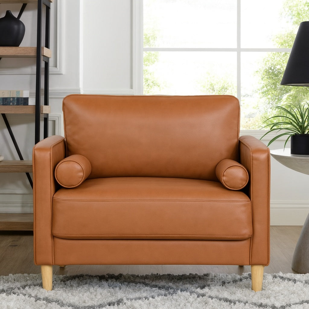 StyleWell Goodwin Faux Leather Large Arm Chair in Caramel Brown with Bolster Pillows