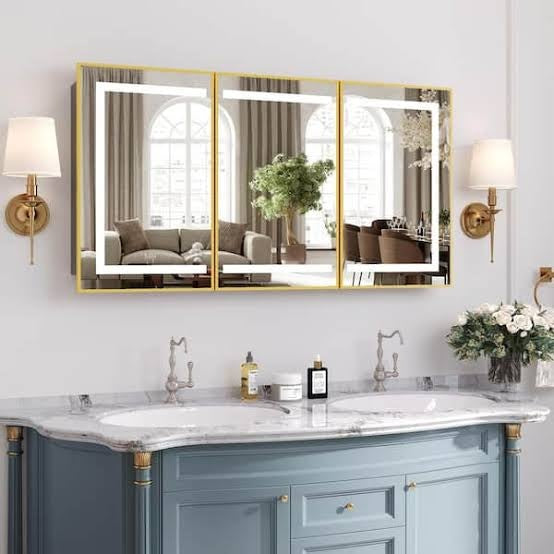 HOMEIBRO 60 in W x 32 in H Large Rectangular Gold Wall Mount LED Lighted Medicine Cabinet with Mirror