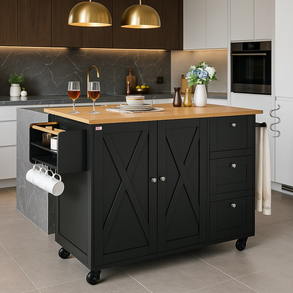 Kitchen Island Cart, Rolling Storage Cabinet on Wheel, Kitchen Cart with Drawer and Shelves, Black 197988217893 VEVOR
