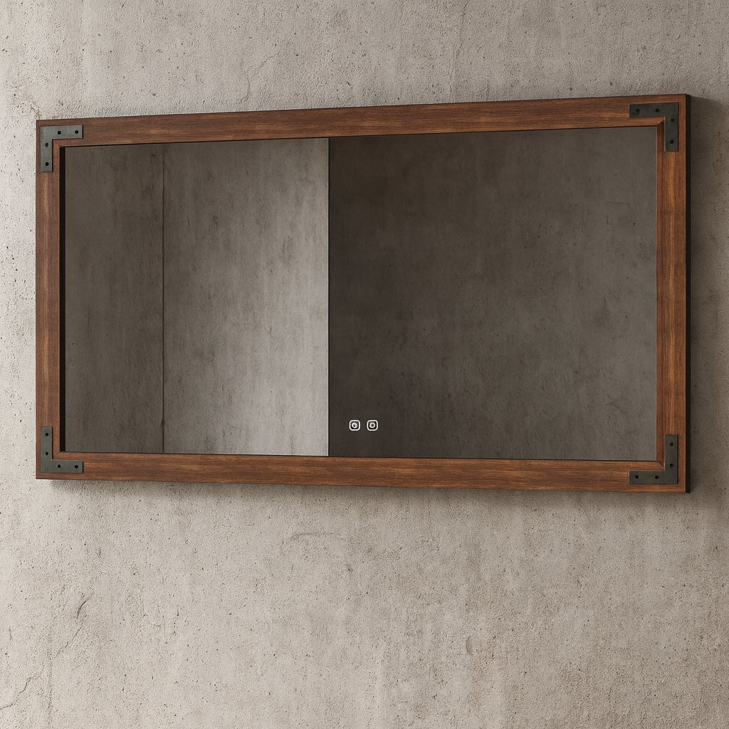 KeonJinn 48 in. W x 36 in. H Large Rectangular Rustic Wood Framed Farmhouse Wall Bathroom Vanity Mirror in Brown