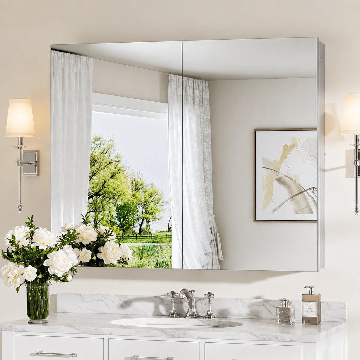 KeonJinn 40 in W x 32 in H Rectangular Frameless Aluminum Silver Recessed or Surface Mount Medicine Cabinet with Mirror HD PZJG 10181SI