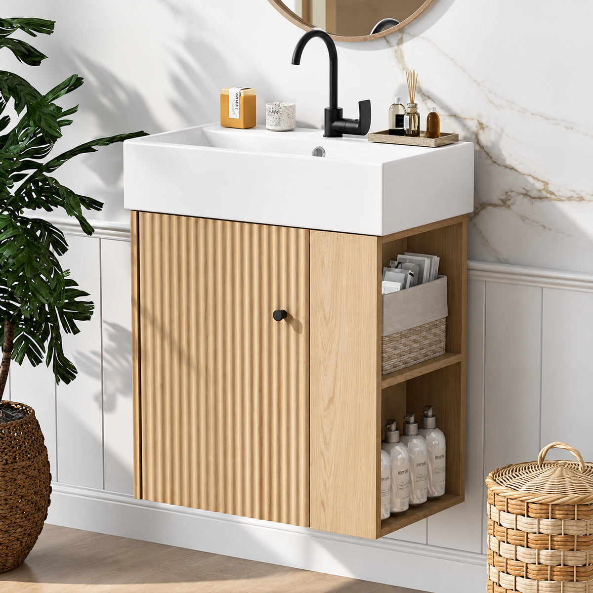 Virubi Modern 21 6 in W Floating Bath Vanity in Wood Color with White Ceramic Top and Right Side Storage