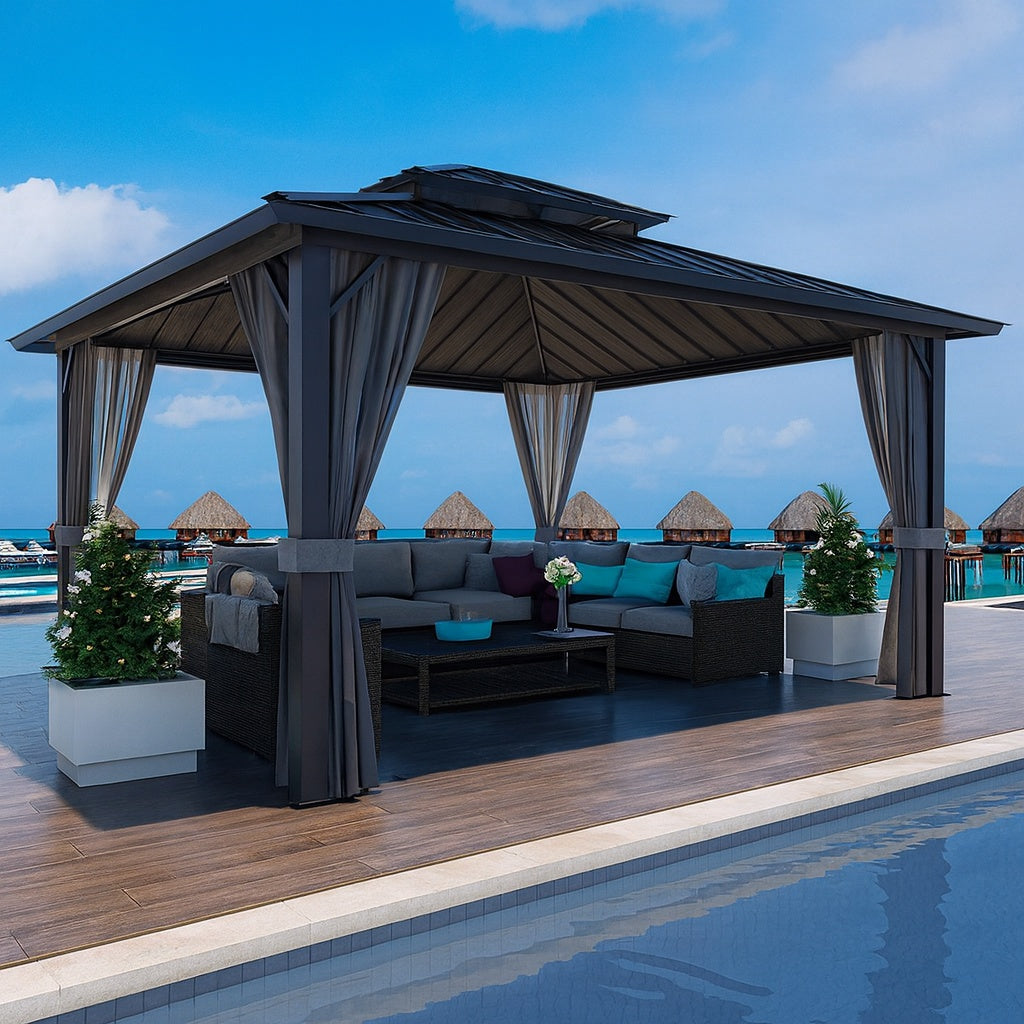 VEIKOUS 12 ft. x 12 ft. Aluminum Double Hardtop Gazebo with Grey Curtains and Netting
