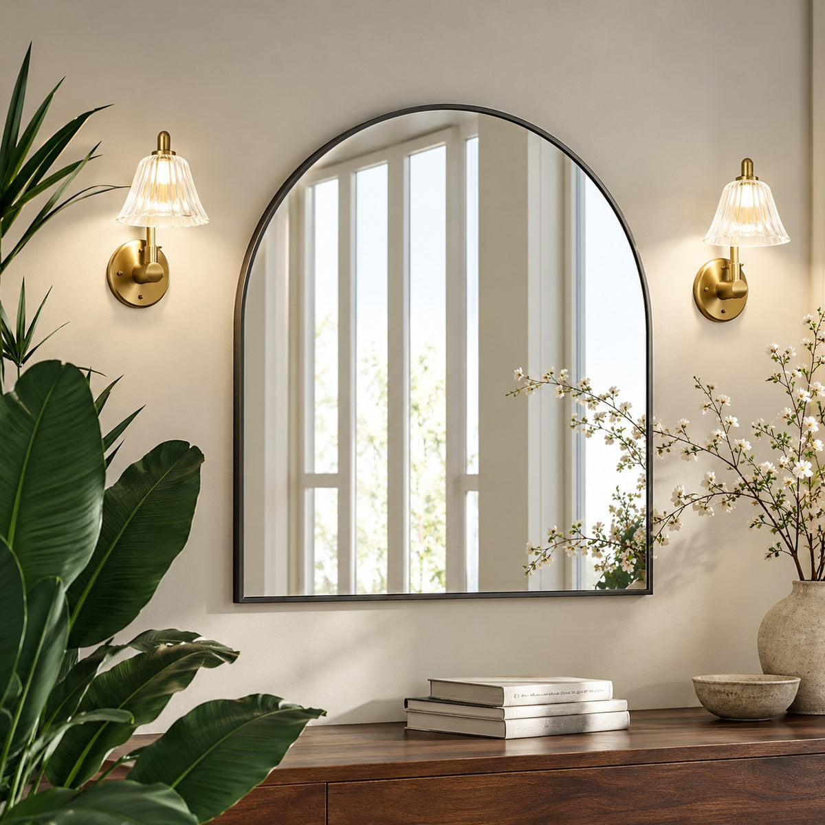 GLSLAND 31 9 in W x 33 9 in H Arched Modern Aluminum Alloy Framed Black Wall Mirror Bathroom Mirror A319339NBAC