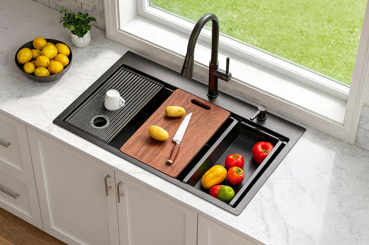 DELUXE DL LIVING 33 in. Drop-in 3-Hole Single Bowl 16-Gauge Gunmetal Black Stainless Steel Workstation Kitchen Sink with Accessories