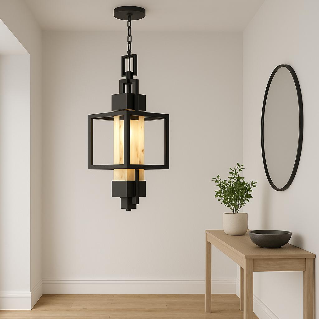 Modern 6W 1 Light 15 in. Black Pendant Light Exterior Hanging Lantern, Indoor Chandelier Fixture with Glass for Porch