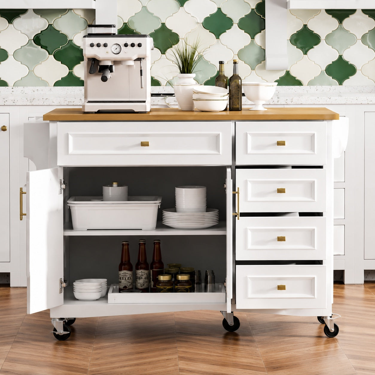 Harper Bright Designs White Kitchen Cart with Drop Leaf 5 Wheels Spice Rack Towel Rack 2 Doors 5 Drawers Adjustable Shelf