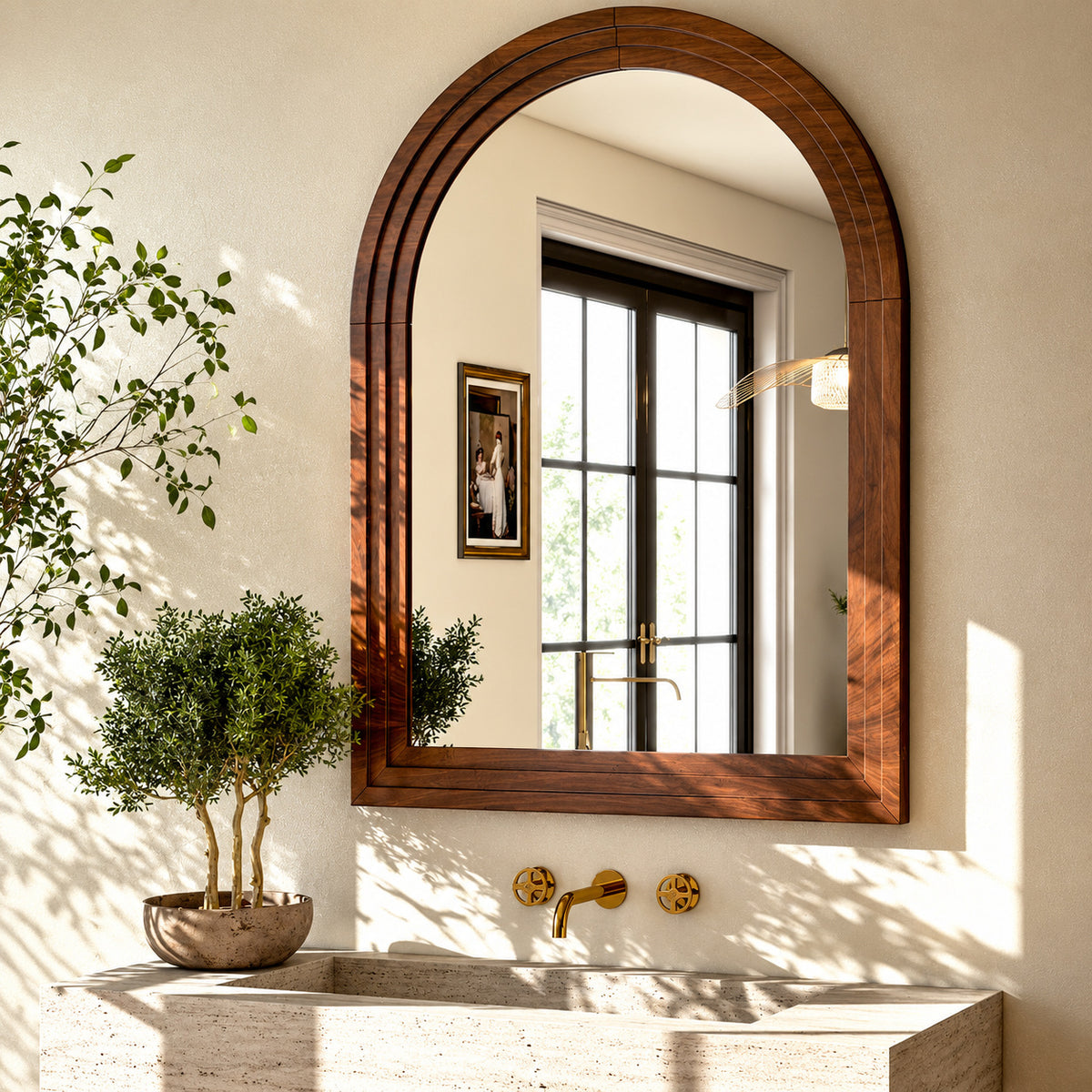 XRAMFY 24 in W x 36 in H Arched Classic Brown Wooden Framed Bathroom Vanity Mirror Wall Mirror 1026AC2436WM BN