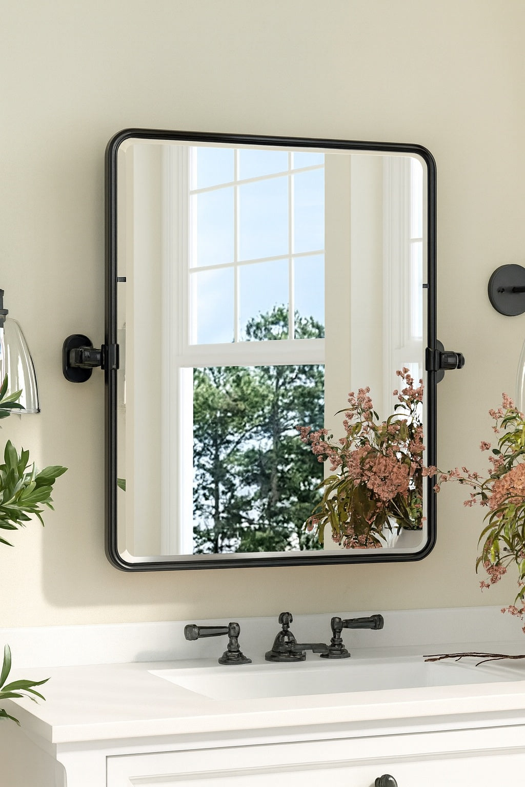 KeonJinn 20 in. W x 24 in. H Rectangular Framed Tilt Wall Bathroom Vanity Mirror in Black Pivot Aluminum Framed Mirror Wall Mount