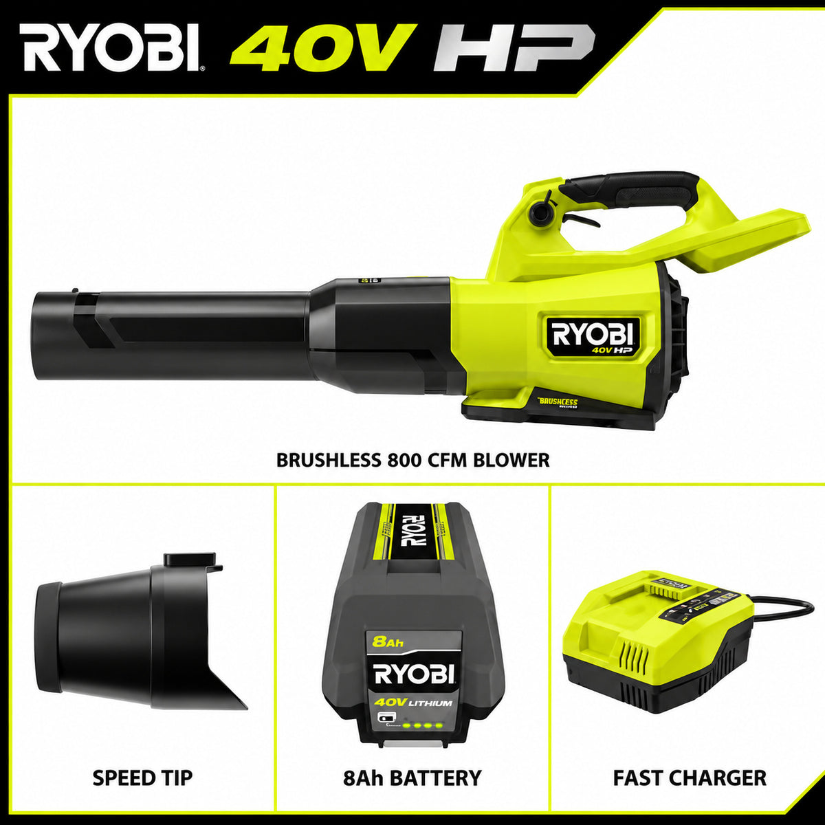 RYOBI 40V HP Brushless Whisper Series 180 MPH 800 CFM Cordless Battery Leaf Blower with 8 0 Ah Battery and Charger RY40HPLB01K