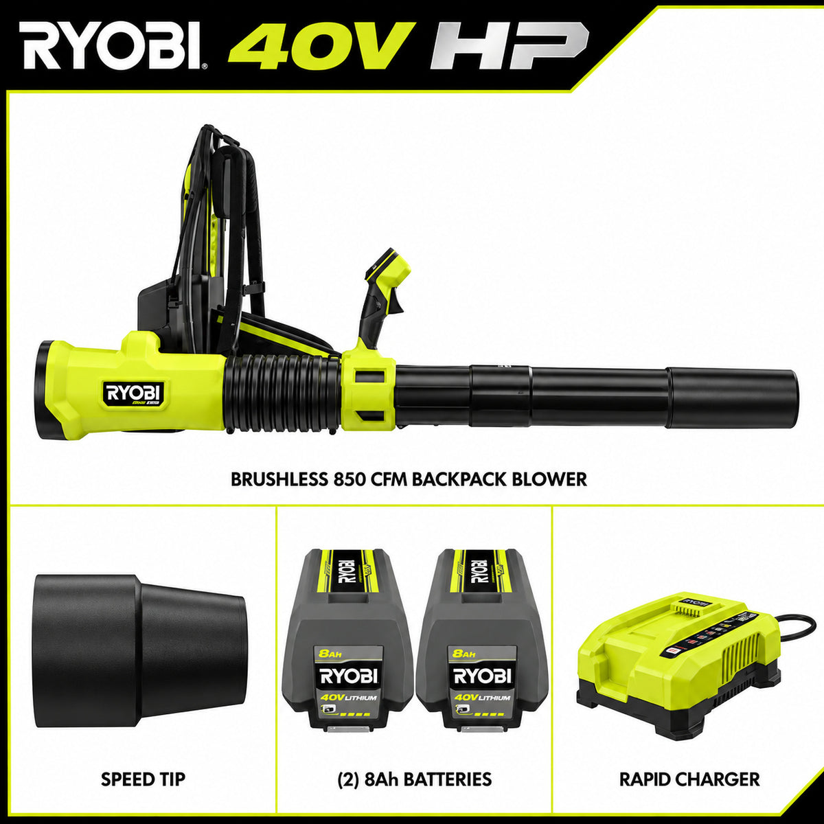 RYOBI 40V HP Brushless Whisper Series 180 MPH 850 CFM Cordless Battery Backpack Leaf Blower with 8 0 Ah Battery and Charger RY40HPLB02K