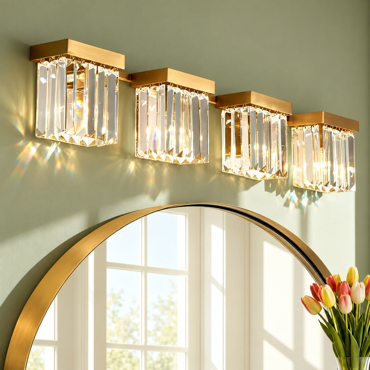 LNC Vertilux 31 5 in 4 Light Plated Brass Crystal Bathroom Vanity Light for Mirrors Bathrooms and Powder Rooms UIIUAEHD169W4V8