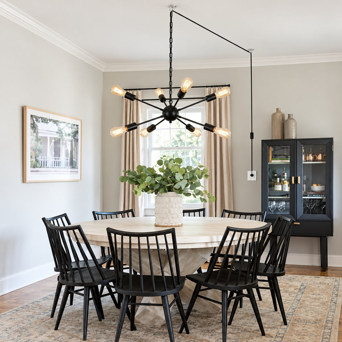 ADSENSTY 8 Light Black Dimmable Plug in Sputnik Chandelier with Cord and ON OFF Switch for Living Room with No Bulbs Included