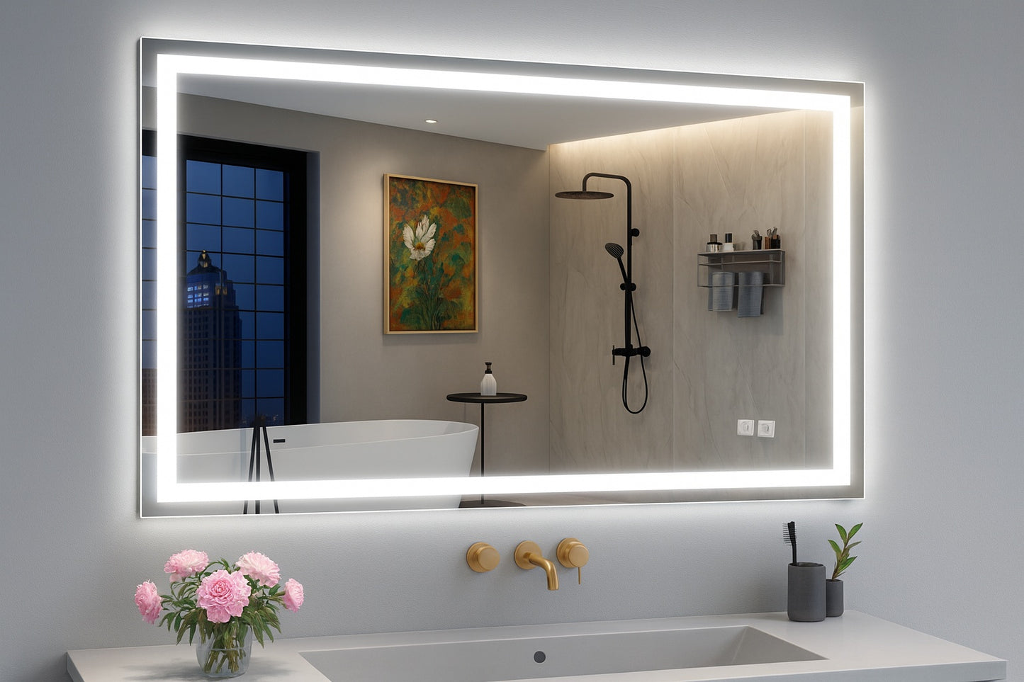 Streamline 48 in W x 28 H Rectangular Frameless LED Light Anti Fog Dimmable Color Temperature Change Wall Bathroom Vanity Mirror