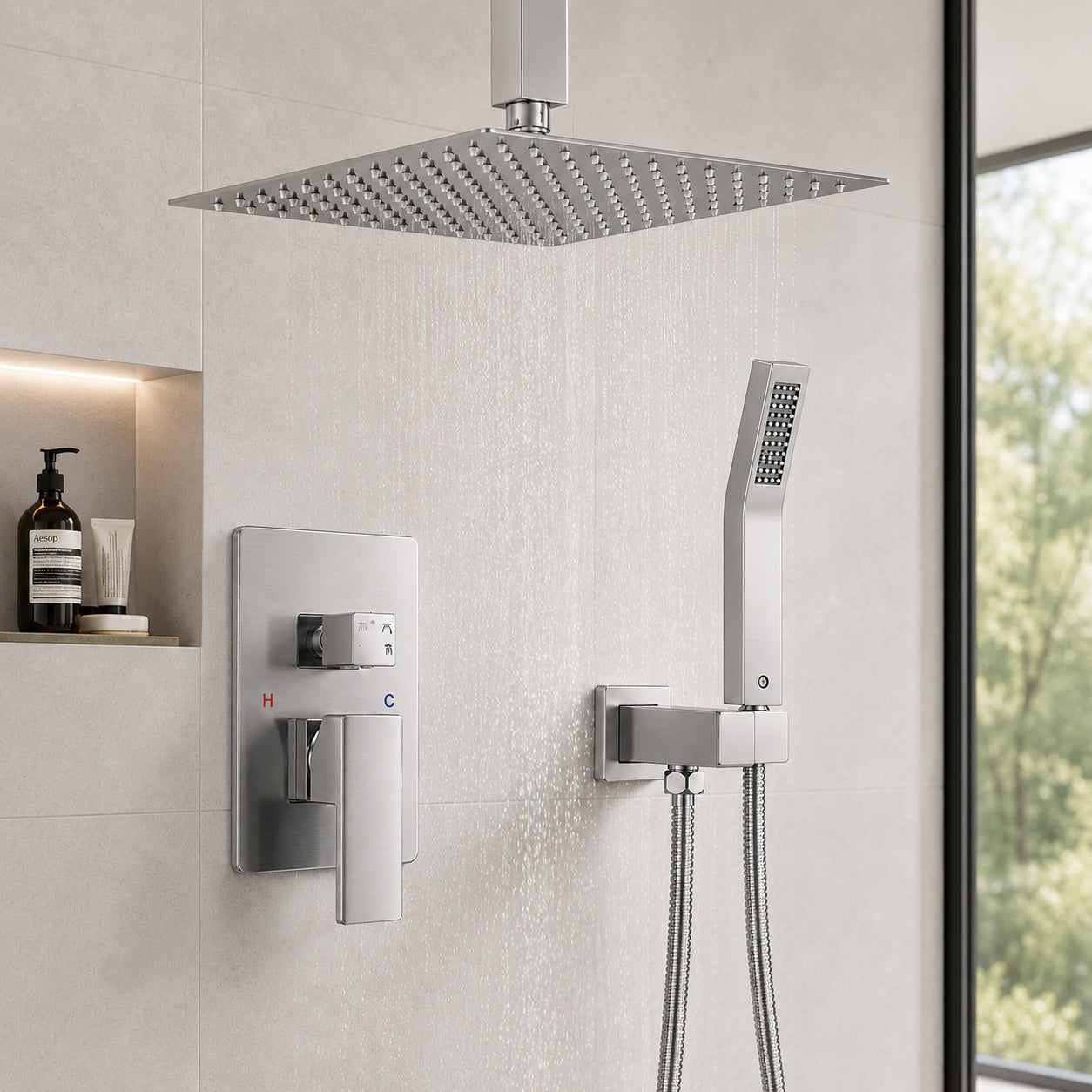 ANZA 12 in 2 Jet High Pressure Rainfall Bathroom Shower System in Brushed Nickel with Square Head and Handheld Showe