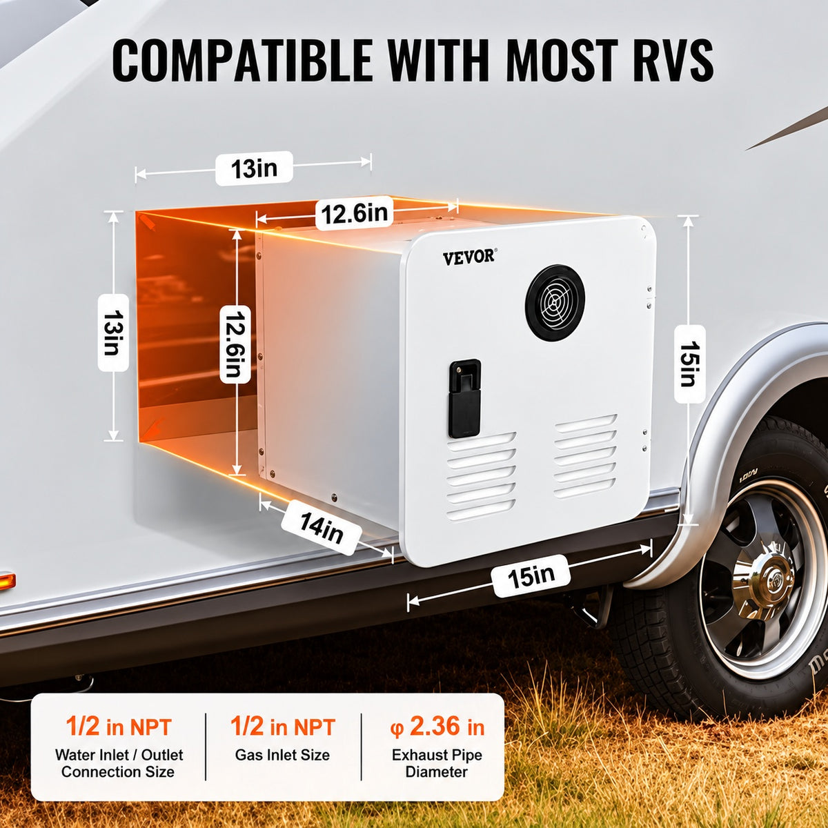 VEVOR RV Tankless Water Heater Instant Shower with 15 x 15 in White Door and Remote Controller 55000BTU Optimized Hot Water JRSFCRSQ15X1DWU9QV9