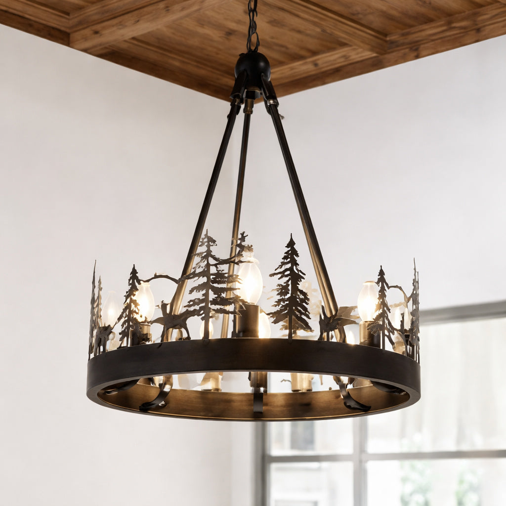 JUSHENG 4 Light Black Ambient Rustic Chandelier Wagon Wheel Farmhouse Chandelier for Dining Living Room Foyer