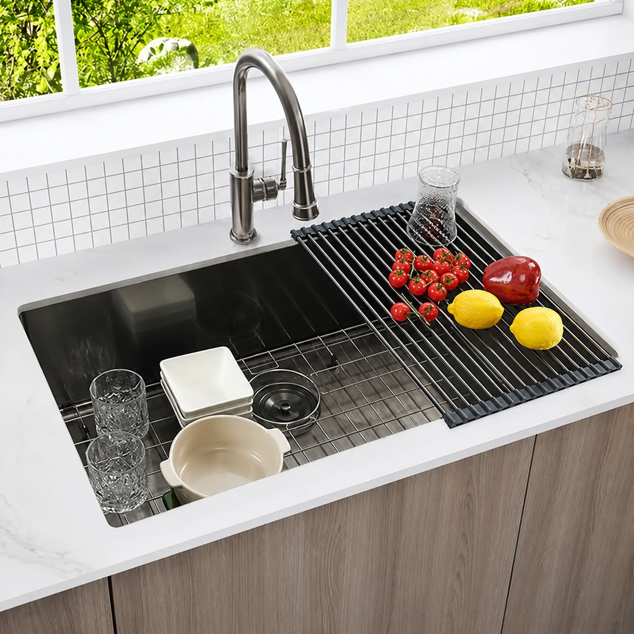 WISBEAM 32 in Drop In Undermount Single Bowl 16 Gauge Gunmetal Black 304 Stainless Steel Kitchen Sink with Accessories