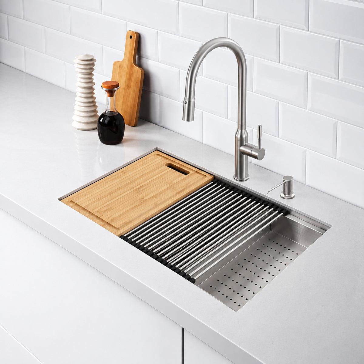 Glacier Bay Zero Radius 30 in Undermount Single Bowl 18 Gauge Stainless Steel Workstation Kitchen Sink and Accessories