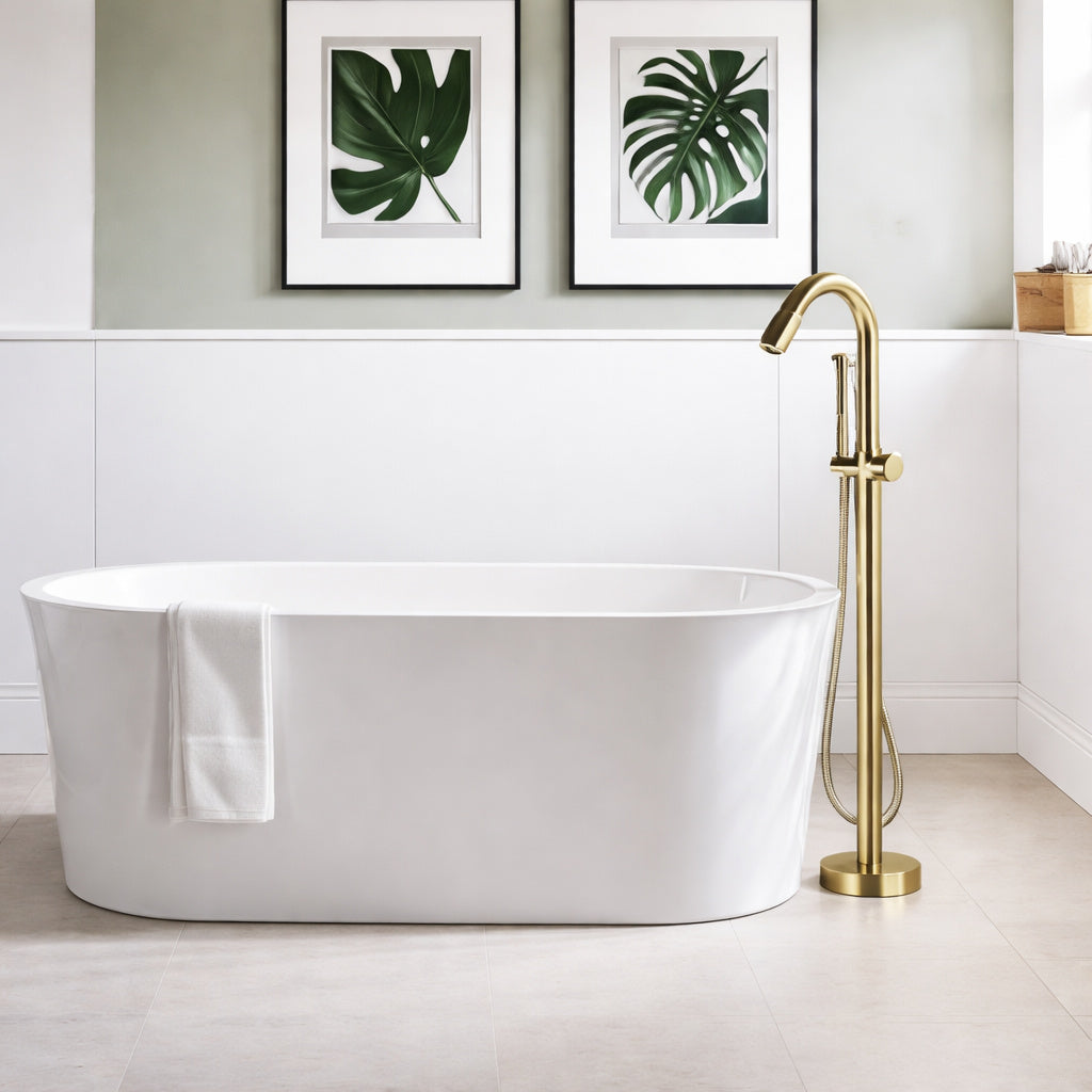AKLFGN Single Handle Freestanding Floor Mount Roman Tub Faucet Bathtub Filler with Hand Shower in Brushed Gold