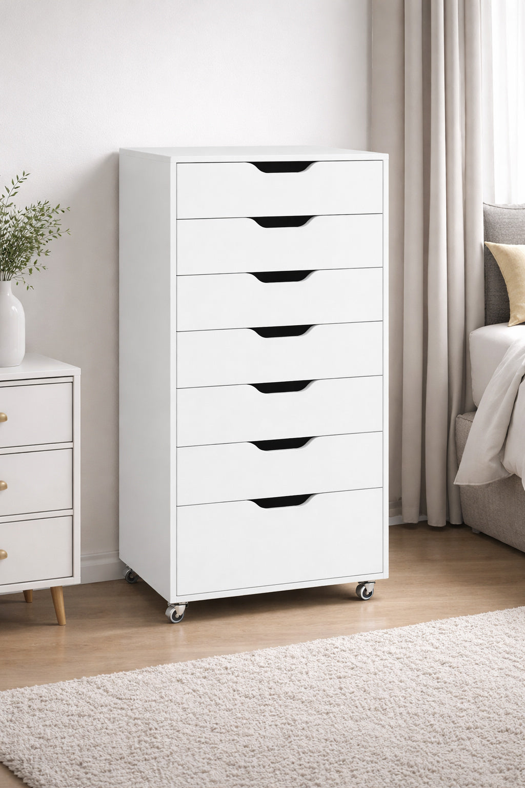 WONDER COMFORT 7 Drawer White Wood 19 in W Vertical File Cabinet Rolling Organizer Storage Chest with Wheeles
