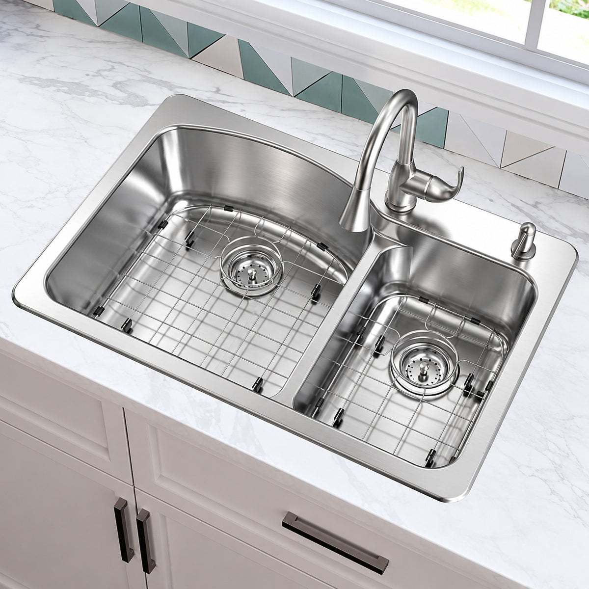 Glacier Bay Bratten 33 in Drop In 60 40 Double Bowl 18 Gauge Stainless Steel Kitchen Sink