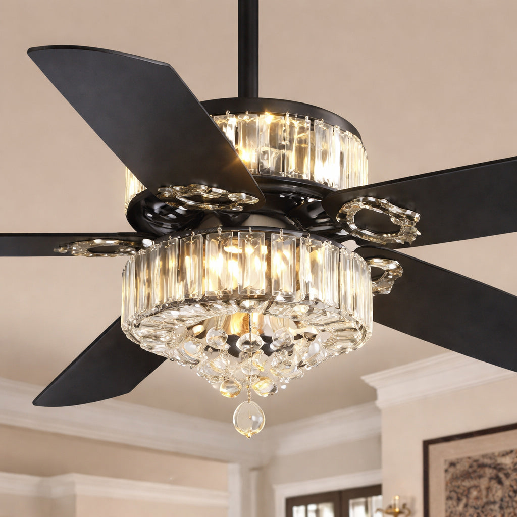 MOKSILED 52 in Indoor Black 3 Color LED Crystal Fandelier 6 Speed Quiet Ceiling Fans with Lights and Remote Control Included