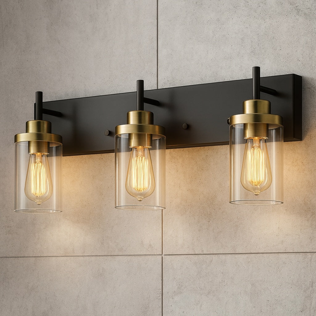 TinHon 23 in. Bathroom Light Fixtures Black and Gold, 3 Light Bathroom Vanity Light Fixture Over Mirror with Clear Glass Shade