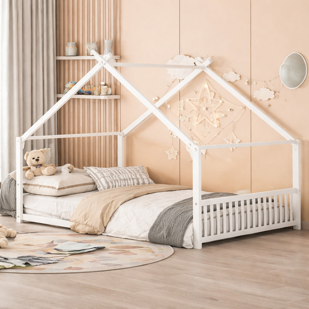 Harper Bright Designs White Full Size Metal House Platform Bed Low Bed For Kids