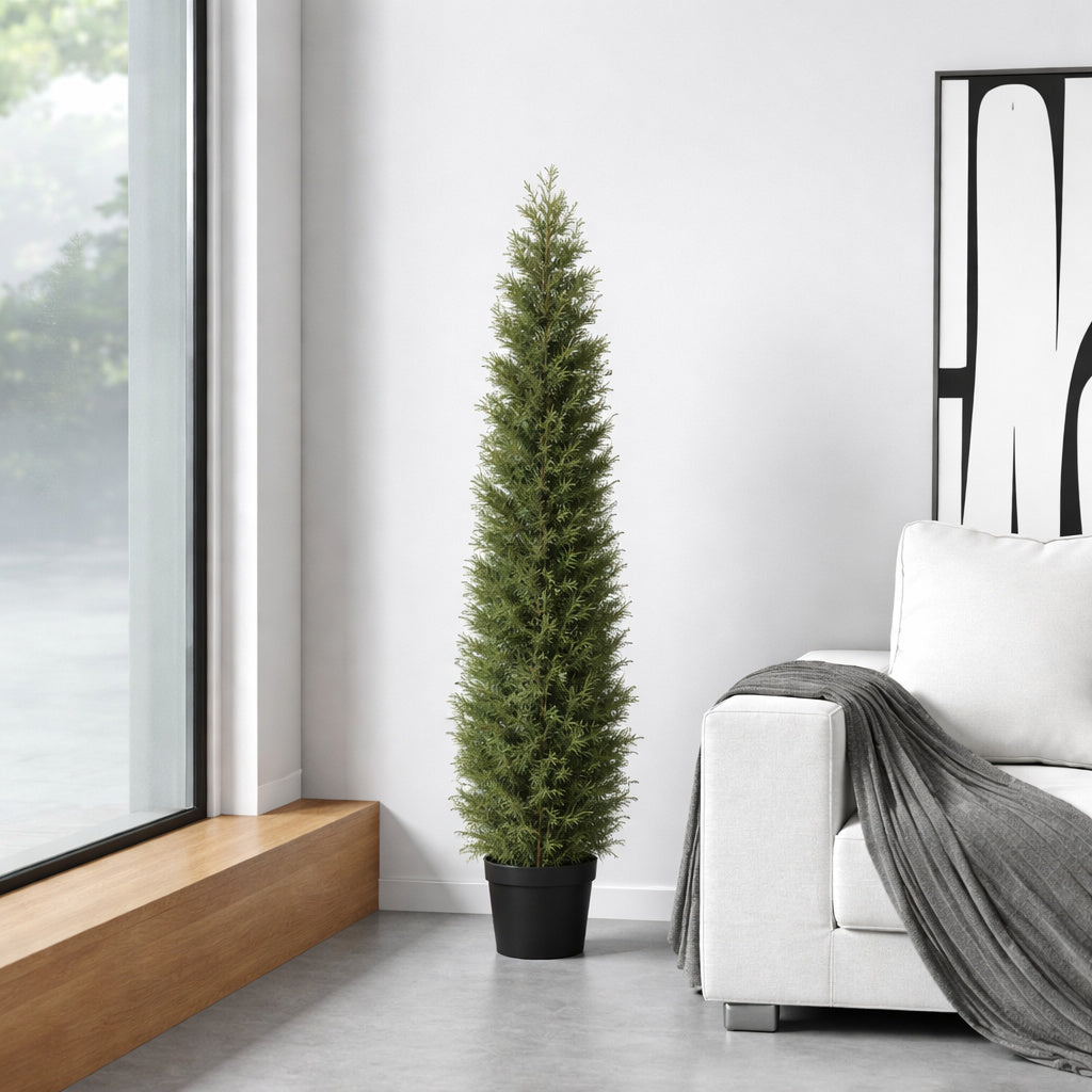 DR Planzen 5 ft Artificial Indoor Outdoor Topiary Cedar Tree with Black Planter Fake UV Resistant Potted Plants Set of 2