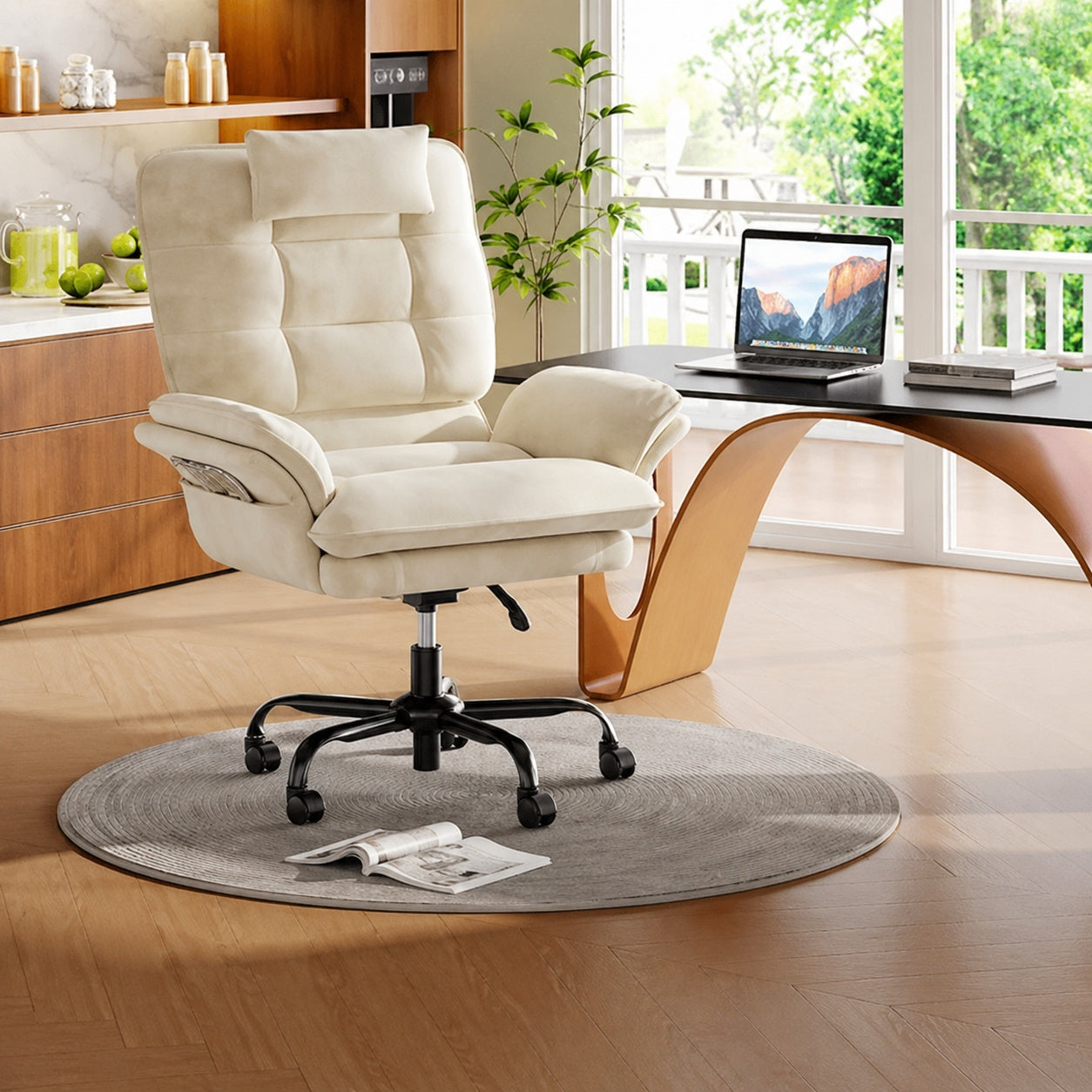 Bestler Velvet Adjustable Height Cross Legged Office Chair in Beige w Flip up Arms High Back Executive Chair with Headrest