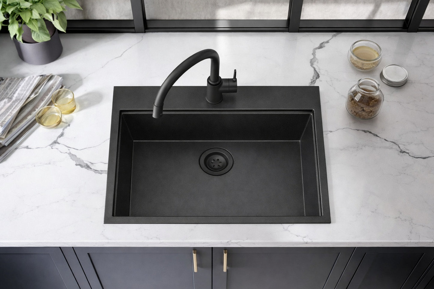 KIBI 25 in Drop In Single Bowl Matte Black Quartz Workstation Kitchen Sink w Cutting Board Rolling Drying Rack Strainer