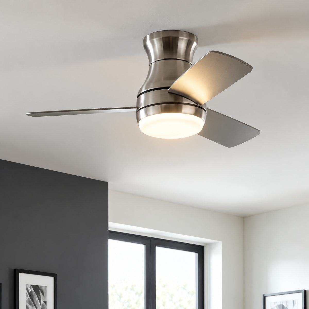 Hampton Bay Aldwin 30 in Brushed Nickel Flush Mount Standard Ceiling Fan with White Adjustable LED DC Motor and Remote Control 83019
